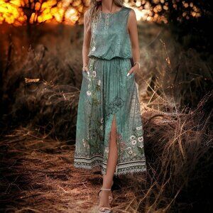 🆕️Enchanting Boho Midi Dress | Green Floral Sleeveless with Thigh Slit 🌸🌿💃